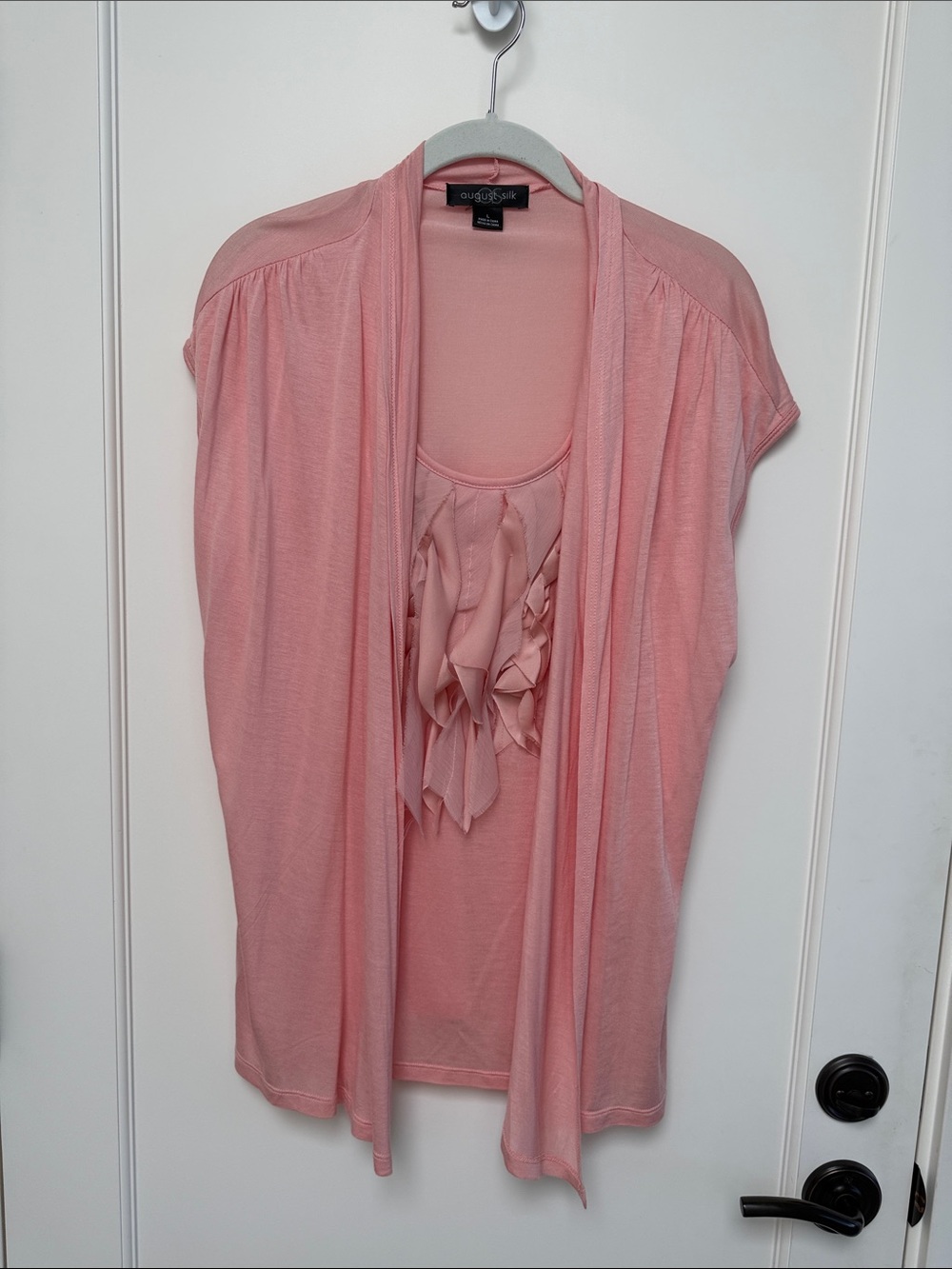 August Silk blush pink ruffled front tank with attached cardigan L